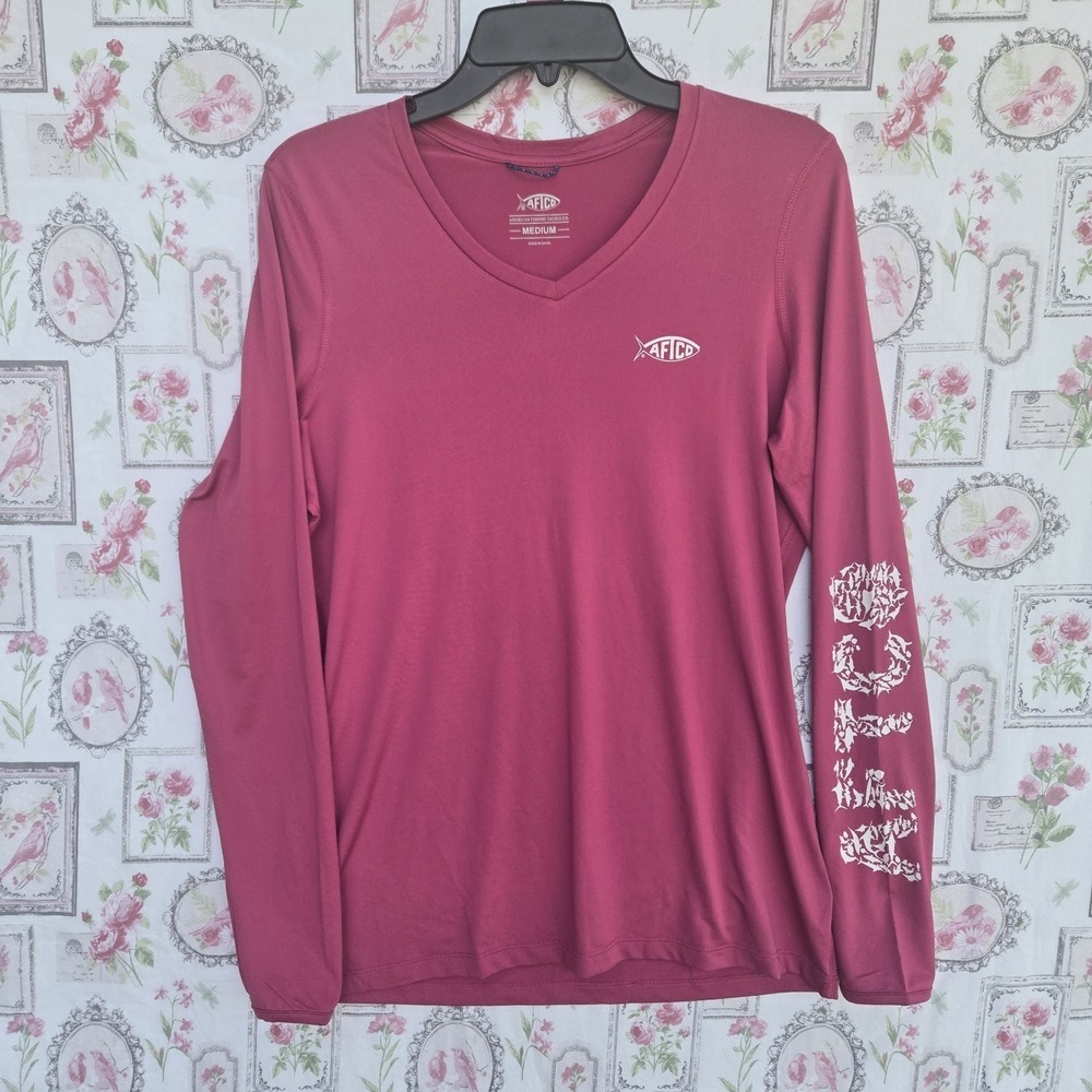 AFTCO Women's Medium Pink V-Neck Long Sleeve Performance Fishing Shirt
